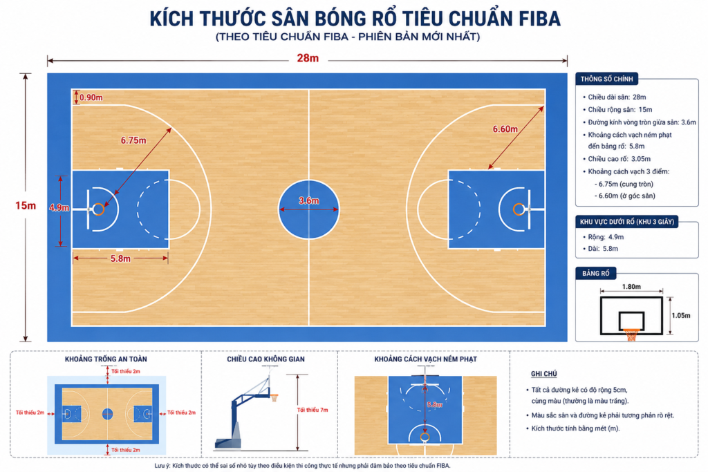 Kích thước sân bóng rổ