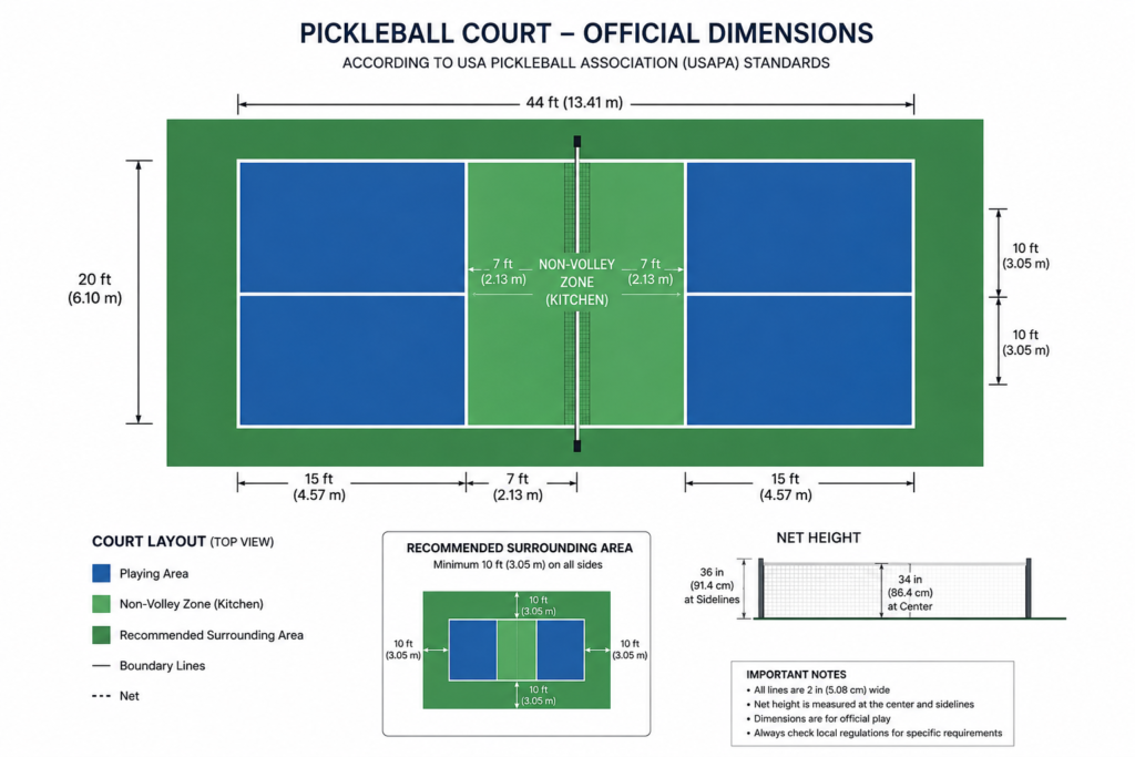 kích thước tiêu chuẩn sân pickleball