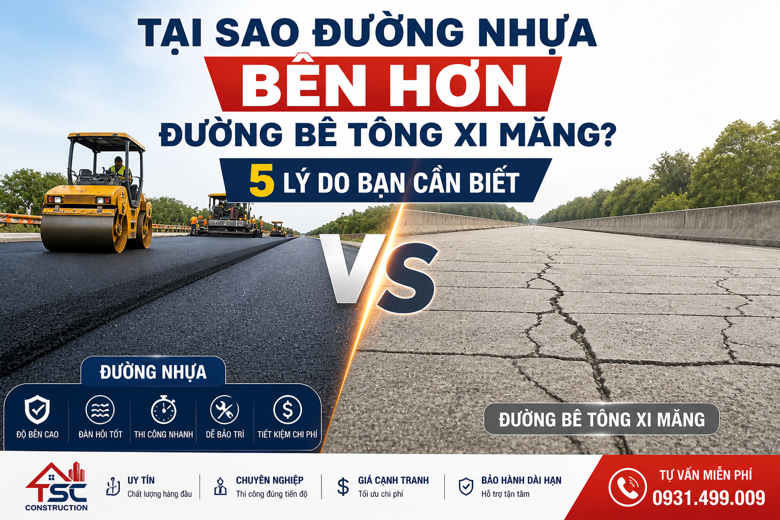 Hình ảnh so sánh đường bê tông nhựa và bê tông xi măng với thực tế thi công máy rải, lu lèn và bề mặt nứt vỡ, làm nổi bật 5 lý do đường nhựa bền hơn, ít hư hỏng và tiết kiệm chi phí.